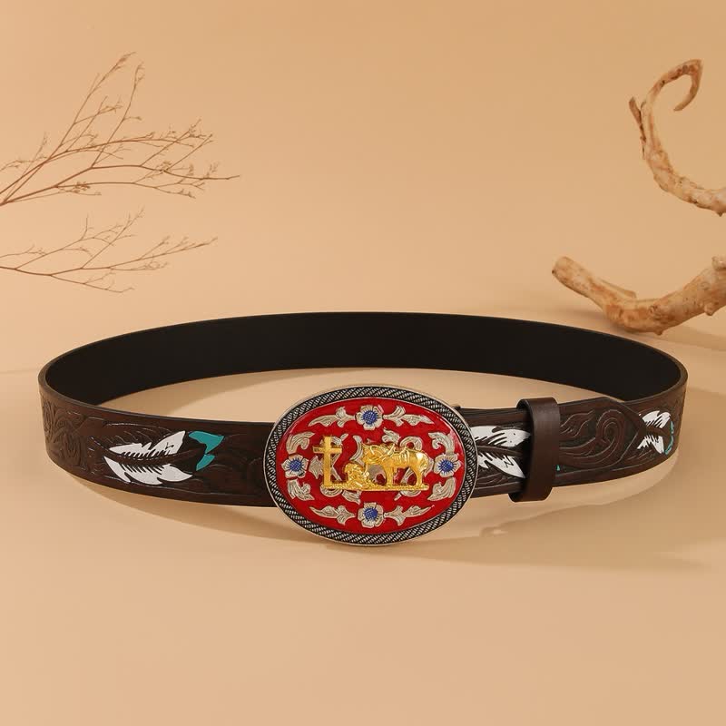 Praying Cross Horse Red Buckle Brown Feather Leather Belt - image 3