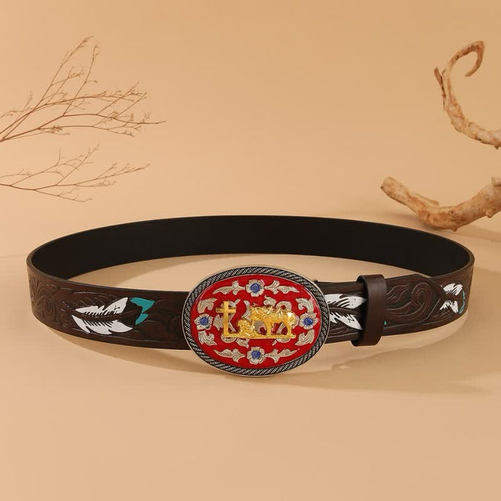 Praying Cross Horse Red Buckle Brown Feather Leather Belt - image 3