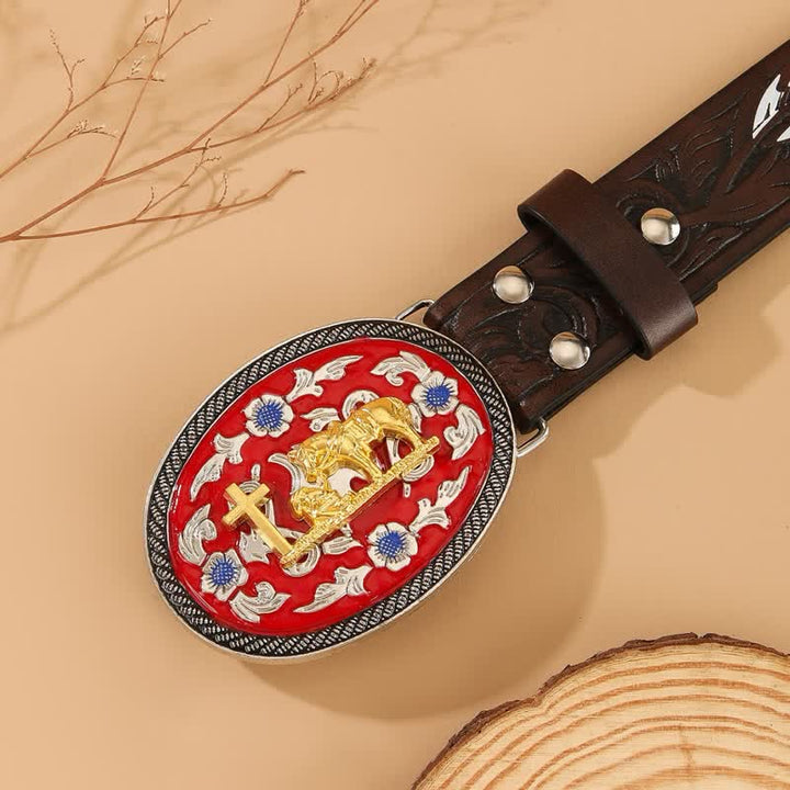 Praying Cross Horse Red Buckle Brown Feather Leather Belt - image 1