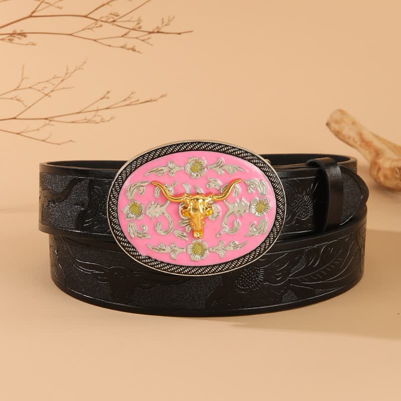 Bull Theme Pink Colored Buckle Embossed Leather Belt - Pink & Gold - 40 - image 0
