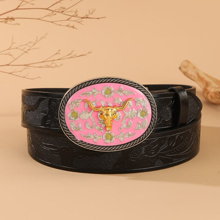 Bull Theme Pink Colored Buckle Embossed Leather Belt - Pink & Gold - 40 - image 0