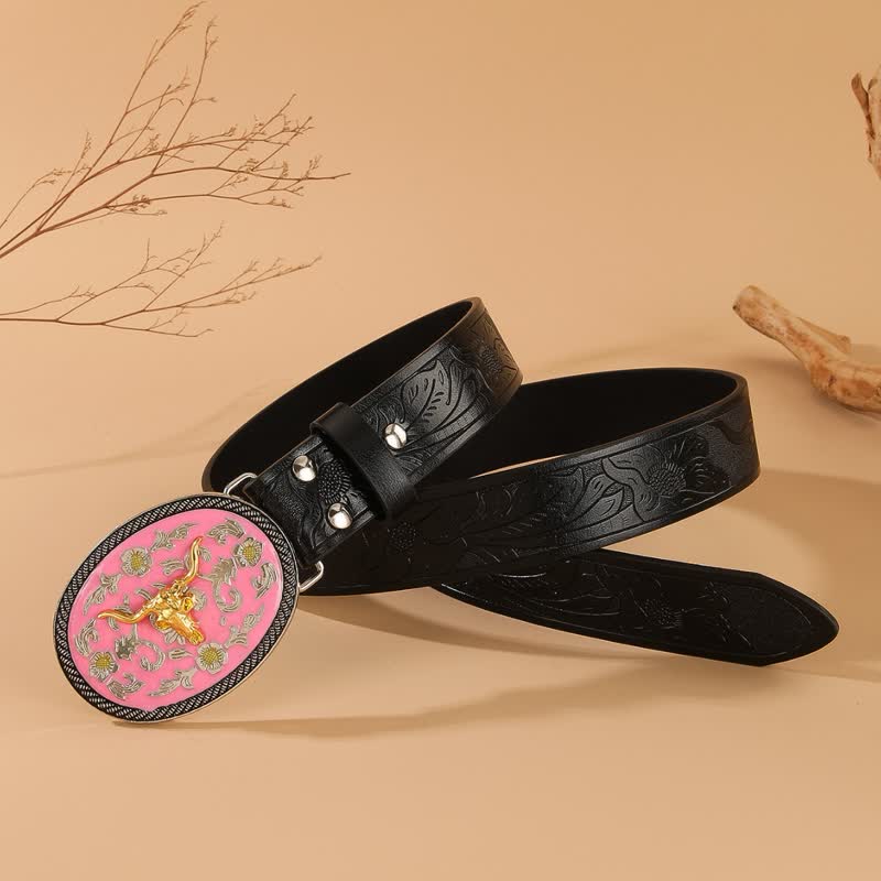 Bull Theme Pink Colored Buckle Embossed Leather Belt - image 2