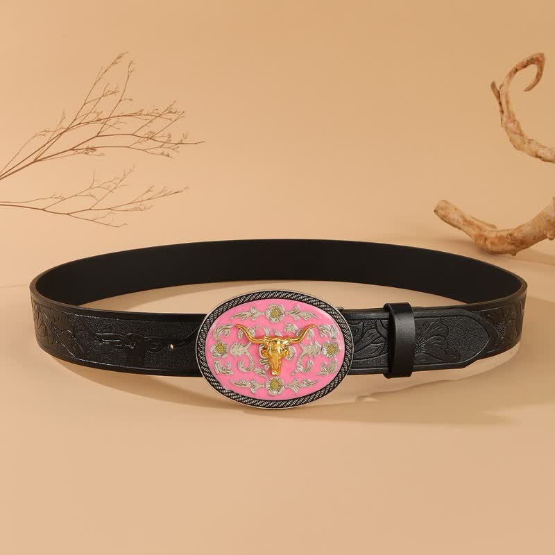 Bull Theme Pink Colored Buckle Embossed Leather Belt - image 3