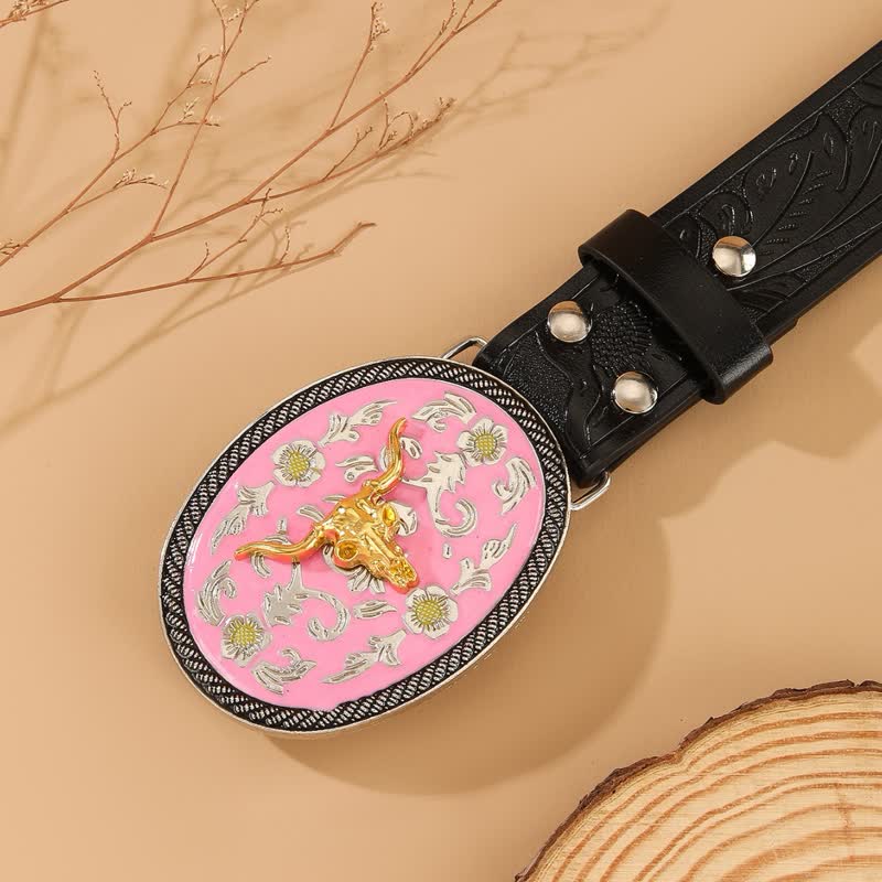 Bull Theme Pink Colored Buckle Embossed Leather Belt - image 1