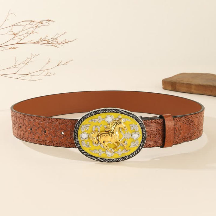 Running Horse Yellow Colored Buckle Embossed Leather Belt - image 3