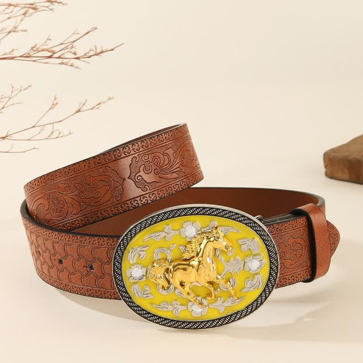 Running Horse Yellow Colored Buckle Embossed Leather Belt - image 2