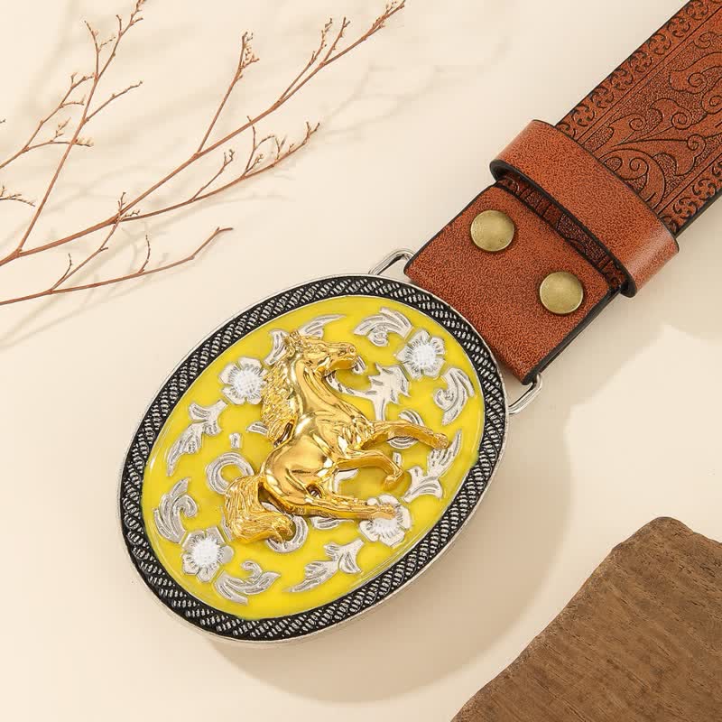 Running Horse Yellow Colored Buckle Embossed Leather Belt - image 1