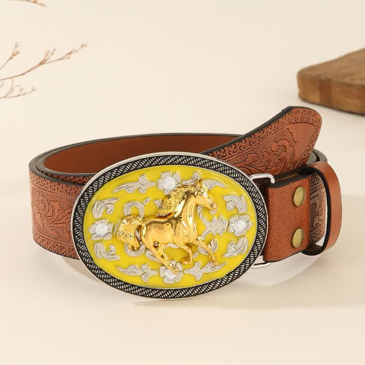 Running Horse Yellow Colored Buckle Embossed Leather Belt - Pink & Gold - 40 - image 0