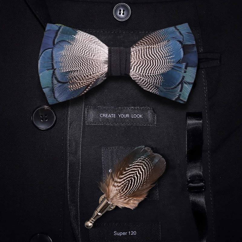Blue & White Mallard Duck Feather Bow Tie with Lapel Pin - Blue & White - image 0