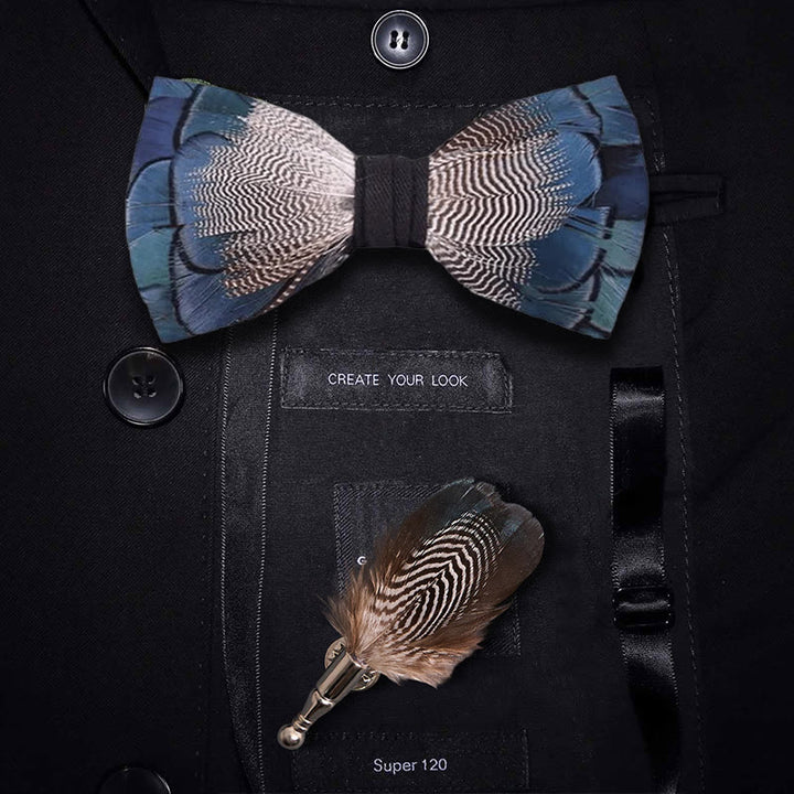 Blue & White Mallard Duck Feather Bow Tie with Lapel Pin - Blue & White - image 0