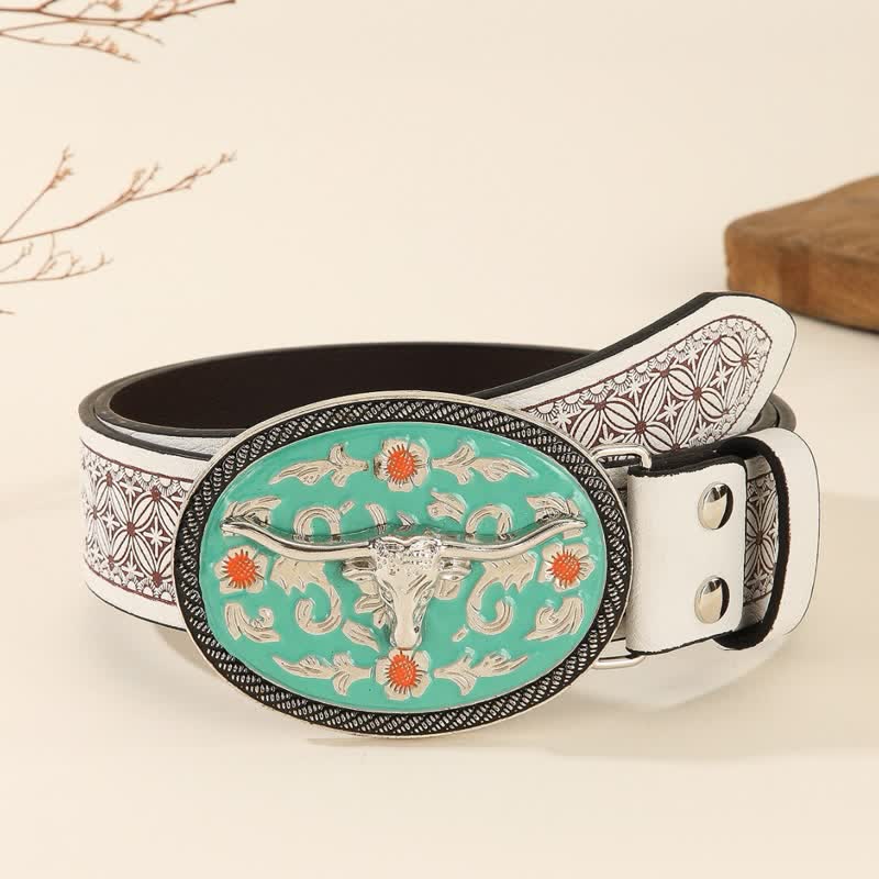 Longhorn Bull Turquoise-Tone Buckle Embossed Leather Belt - Turquoise-Tone - 40 - image 0