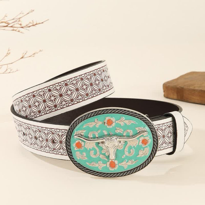 Longhorn Bull Turquoise-Tone Buckle Embossed Leather Belt - image 1