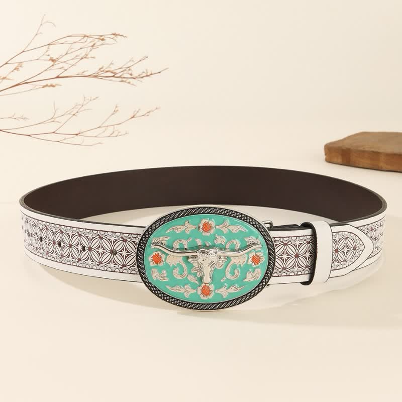 Longhorn Bull Turquoise-Tone Buckle Embossed Leather Belt - image 3