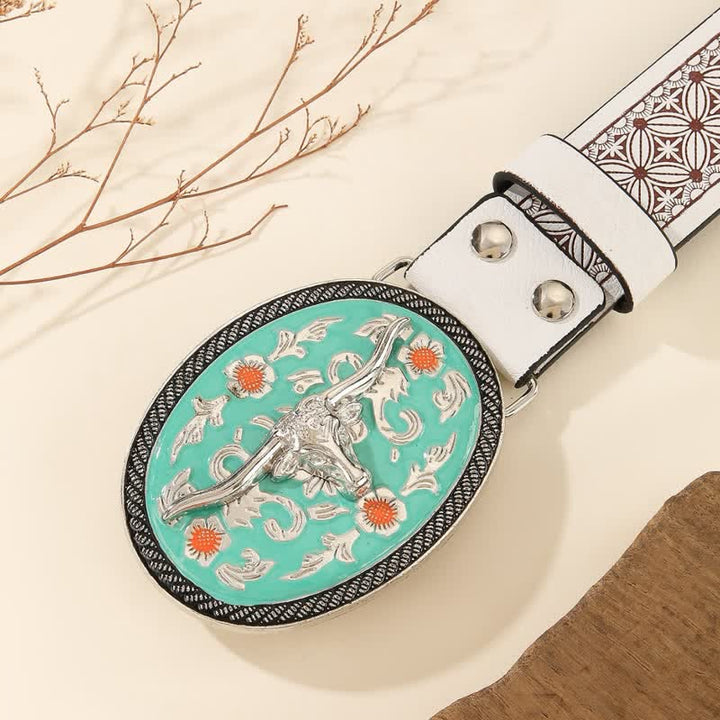 Longhorn Bull Turquoise-Tone Buckle Embossed Leather Belt - image 2