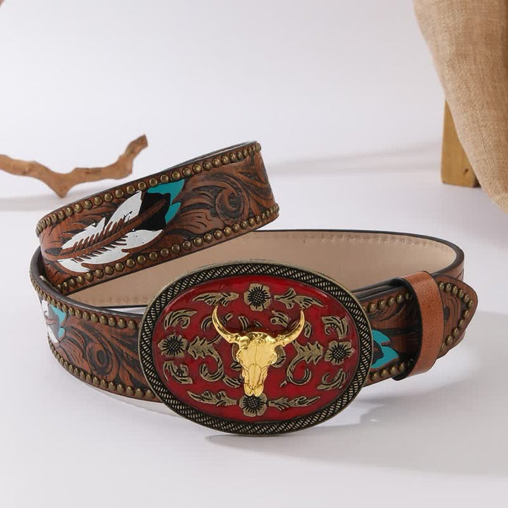 Longhorn Bull Dark Red Buckle Feather Rivet Leather Belt - Dark Red & Gold - 38 - image 0