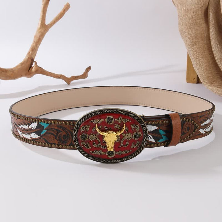 Longhorn Bull Dark Red Buckle Feather Rivet Leather Belt - image 3