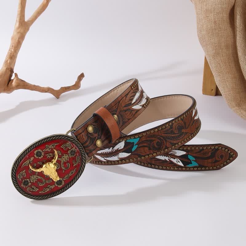 Longhorn Bull Dark Red Buckle Feather Rivet Leather Belt - image 2