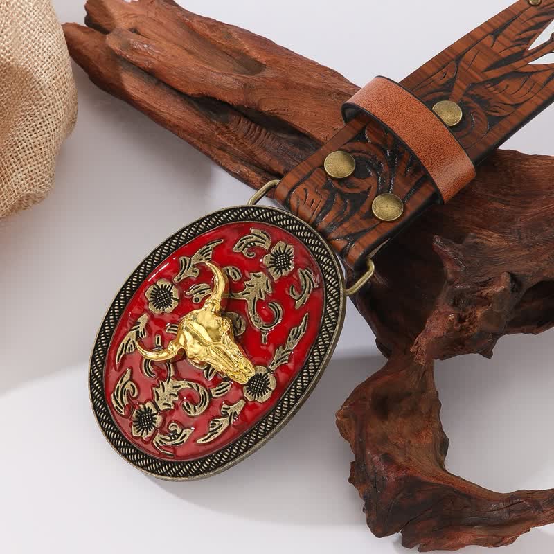 Longhorn Bull Dark Red Buckle Feather Rivet Leather Belt - image 1