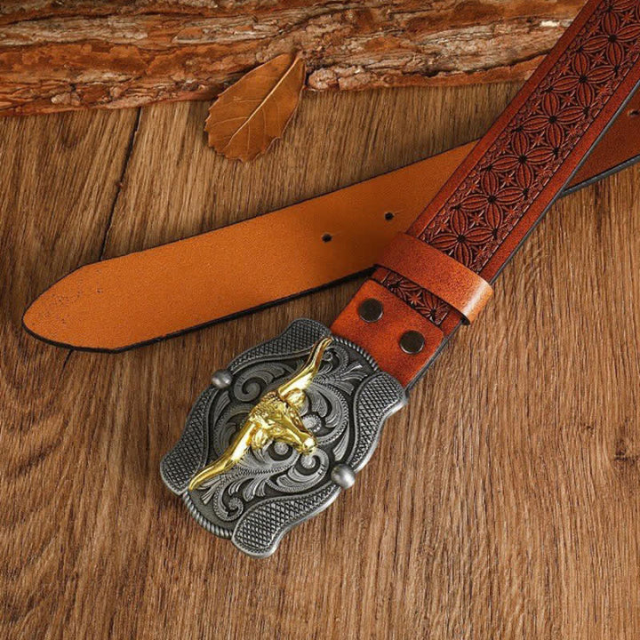Men's Square Golden Longhorn Bull Leather Belt - image 14