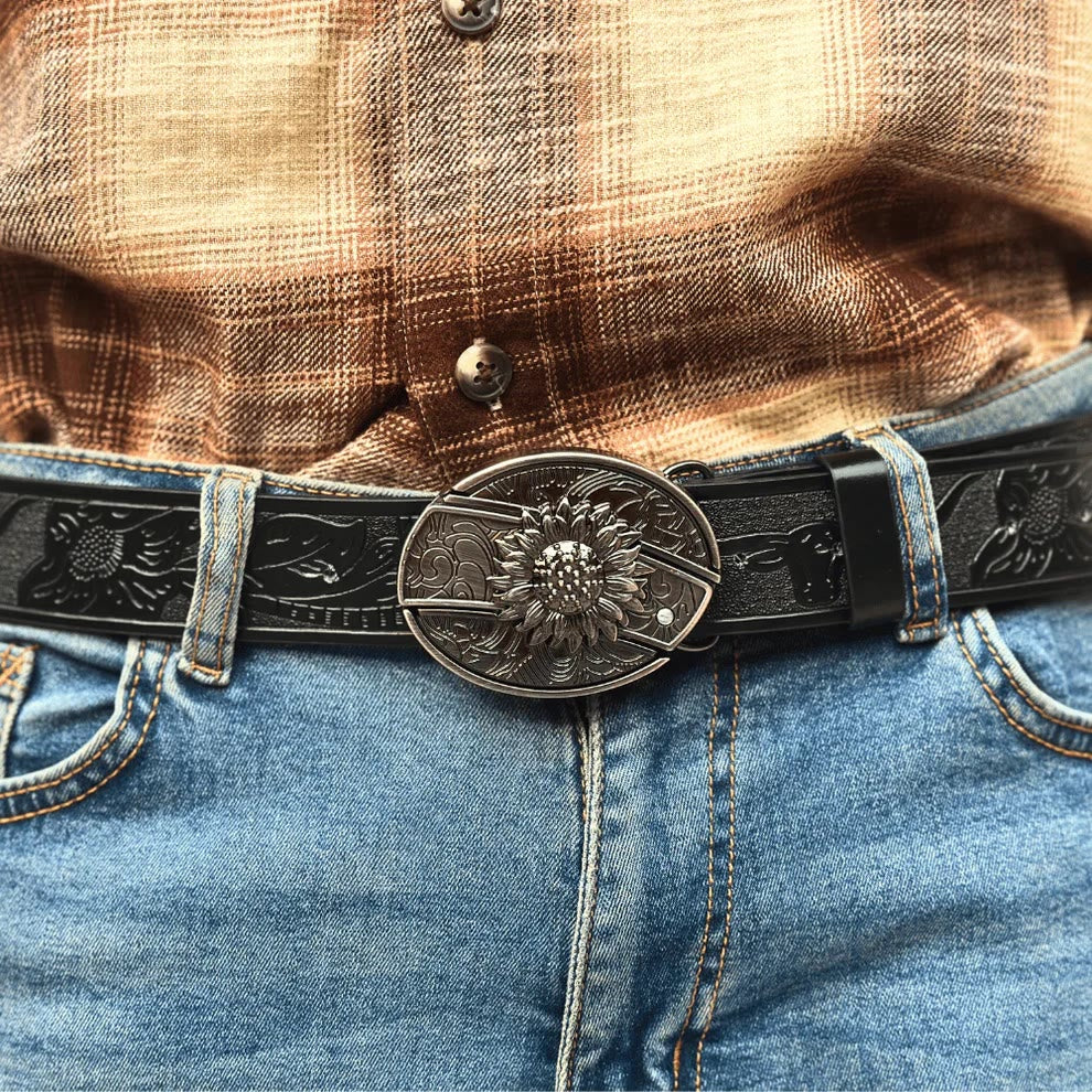 Men's DIY Sunflower Hidden Folding Knife Leather Belt - image 4