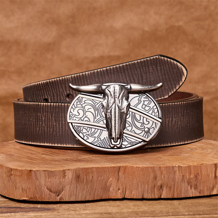 Bull's Head DIY Hidden Knife Silver Western Vintage Buckle Leather Belt - Brown Distressed Belt - 42 - image 7