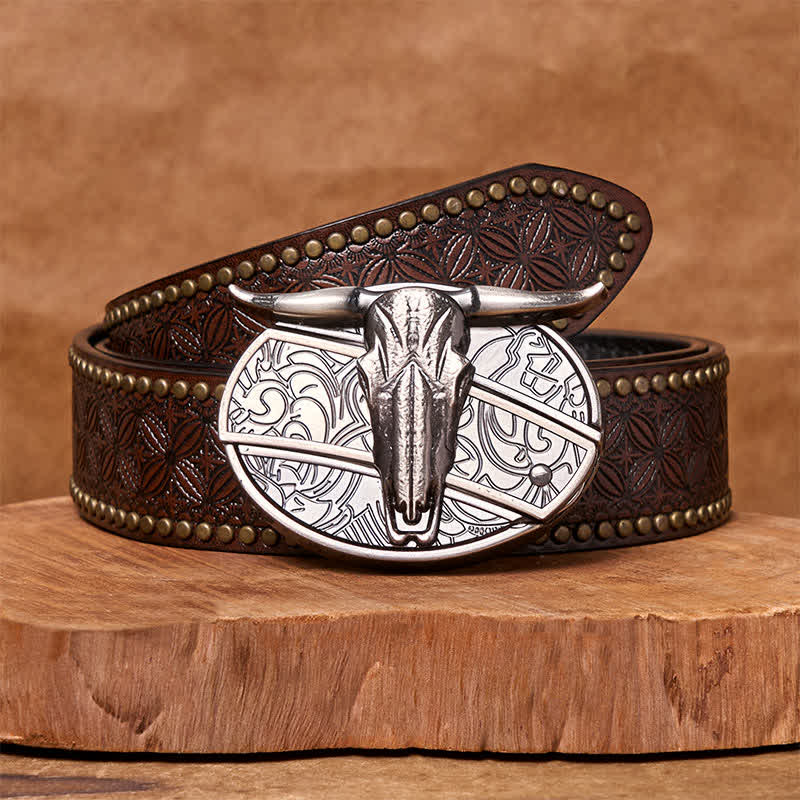 Bull's Head DIY Hidden Knife Silver Western Vintage Buckle Leather Belt - Brown Rivet Belt - 42 - image 6