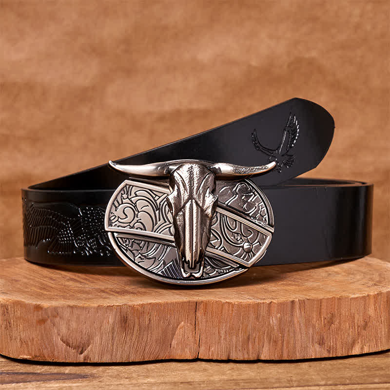 Bull's Head DIY Hidden Knife Silver Western Vintage Buckle Leather Belt - Black Embossed Eagle Belt - 42 - image 4