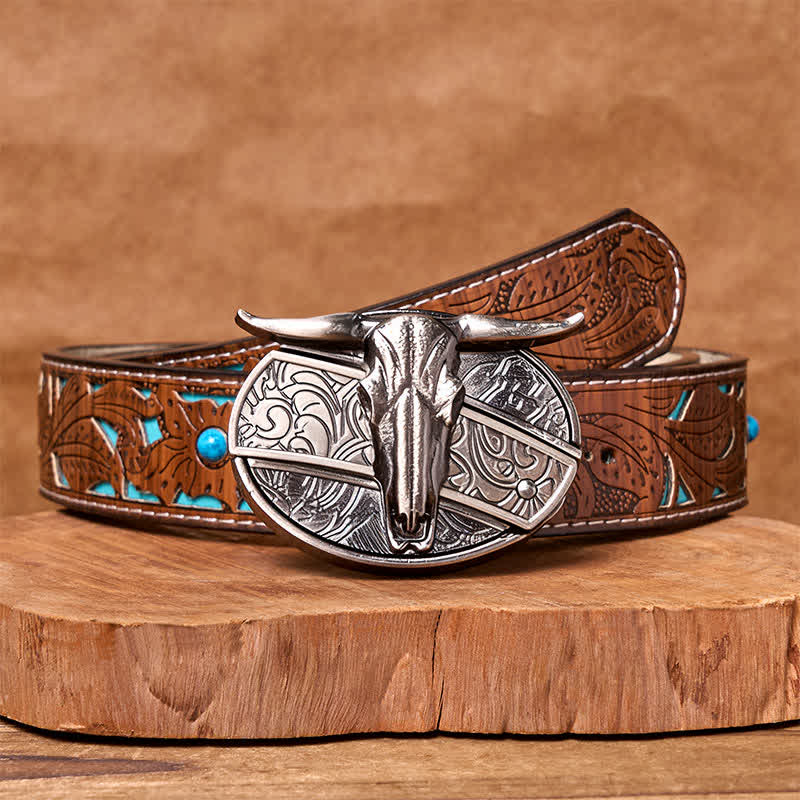 Bull's Head DIY Hidden Knife Silver Western Vintage Buckle Leather Belt - Turquoise Carved Belt - 42 - image 5