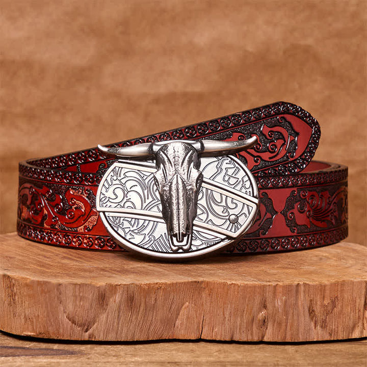 Bull's Head DIY Hidden Knife Silver Western Vintage Buckle Leather Belt - Brown Carved Belt - 42 - image 8