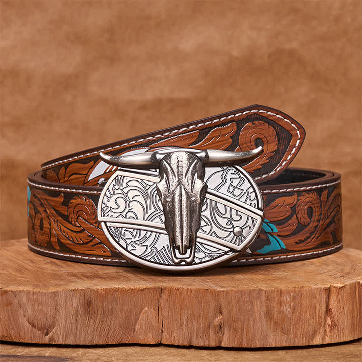 Bull's Head DIY Hidden Knife Silver Western Vintage Buckle Leather Belt - Brown Feather Belt - 40 - image 9