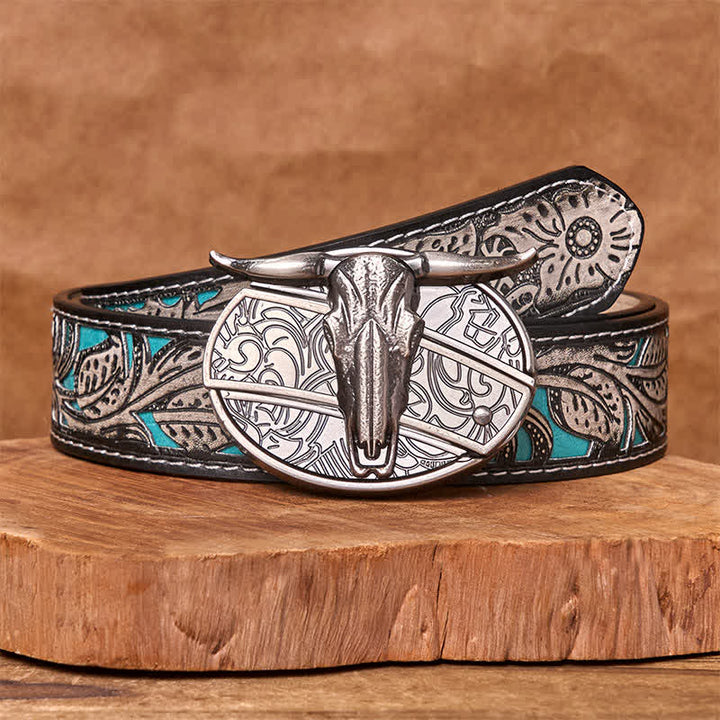 Bull's Head DIY Hidden Knife Silver Western Vintage Buckle Leather Belt - Gray Floral Belt - 42 - image 10