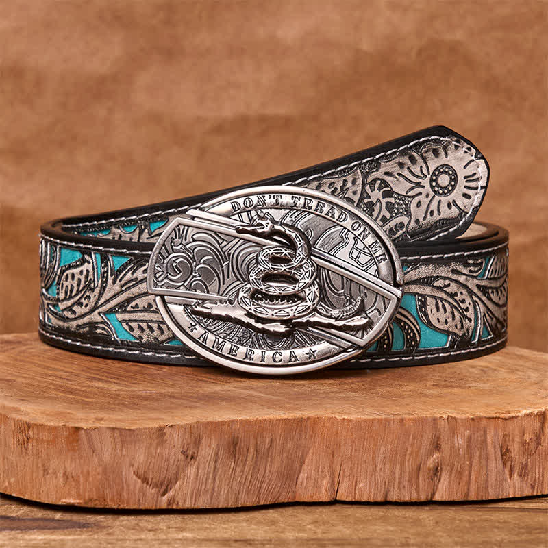 Men's DIY Black Mamba Hidden Folding Knife Leather Belt - Black Mamba - Gray Floral Belt - 42 - image 10