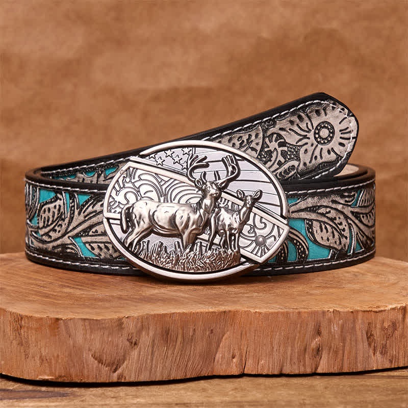 Men's DIY Deer Flag Hidden Folding Knife Leather Belt - Deer - Gray Floral Belt - 42 - image 13