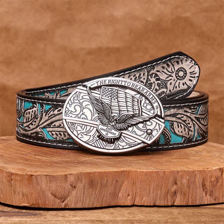 Men's DIY Eagle USA Flag Hidden Folding Knife Leather Belt - Eagle - Gray Floral Belt - 42 - image 13