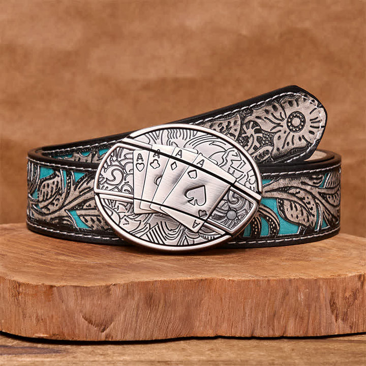 Men's DIY Poker 4 Ace Hidden Folding Knife Leather Belt - Poker 4 Ace - Gray Floral Belt - 42 - image 10