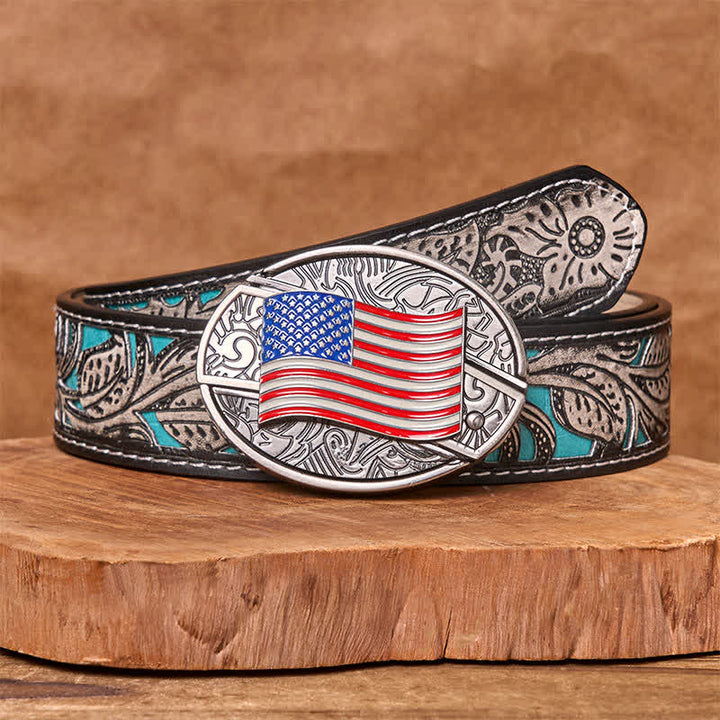 Men's DIY American Flag Hidden Folding Knife Leather Belt - American Flag - Gray Floral Belt - 42 - image 9