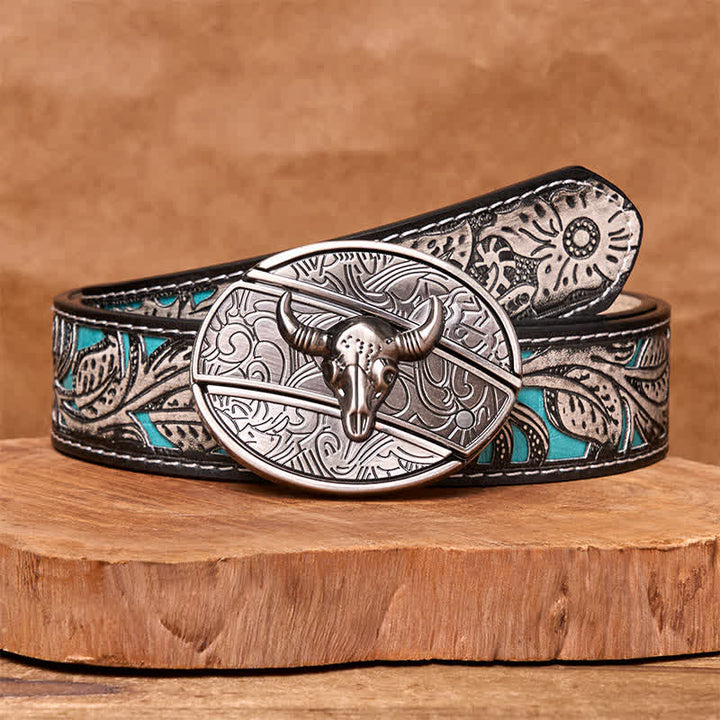 Men's DIY Longhorn Bull Hidden Folding Knife Leather Belt - Longhorn Bull - Gray Floral Belt - 42 - image 14