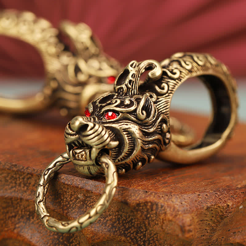 Wolf Head Red Eyes Solid Brass Keychain - Brass - image 0