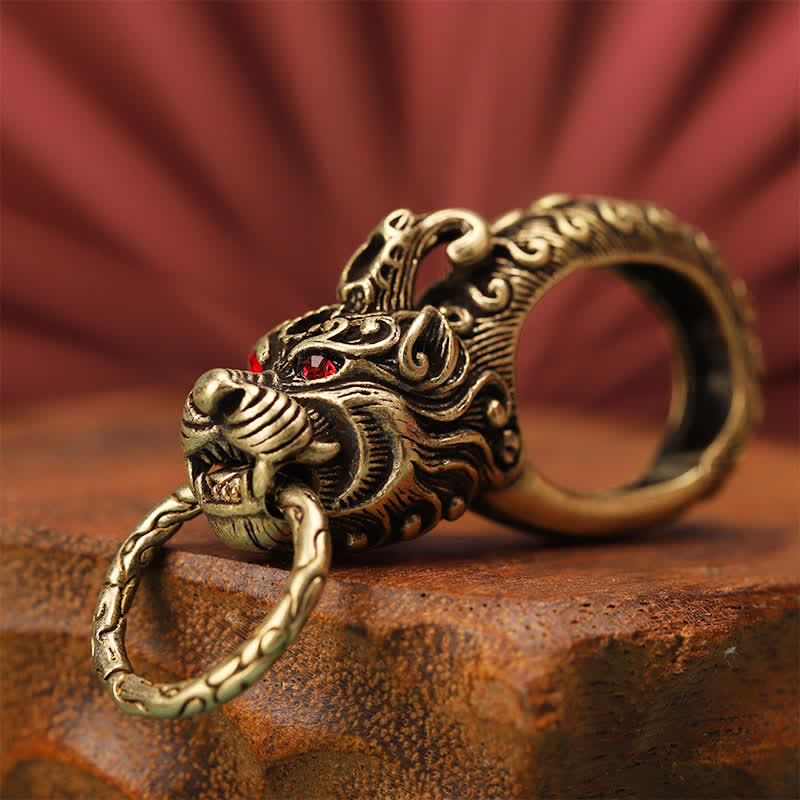 Wolf Head Red Eyes Solid Brass Keychain - image 2