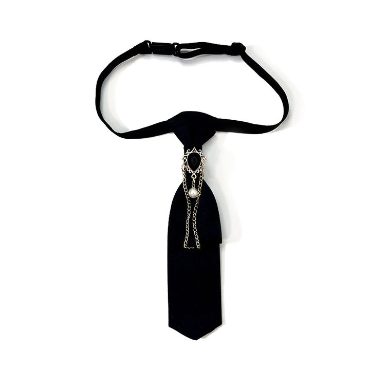 Pre-tied Khaki White Diamond Pearl Fashionable Short Necktie - Black - image 2