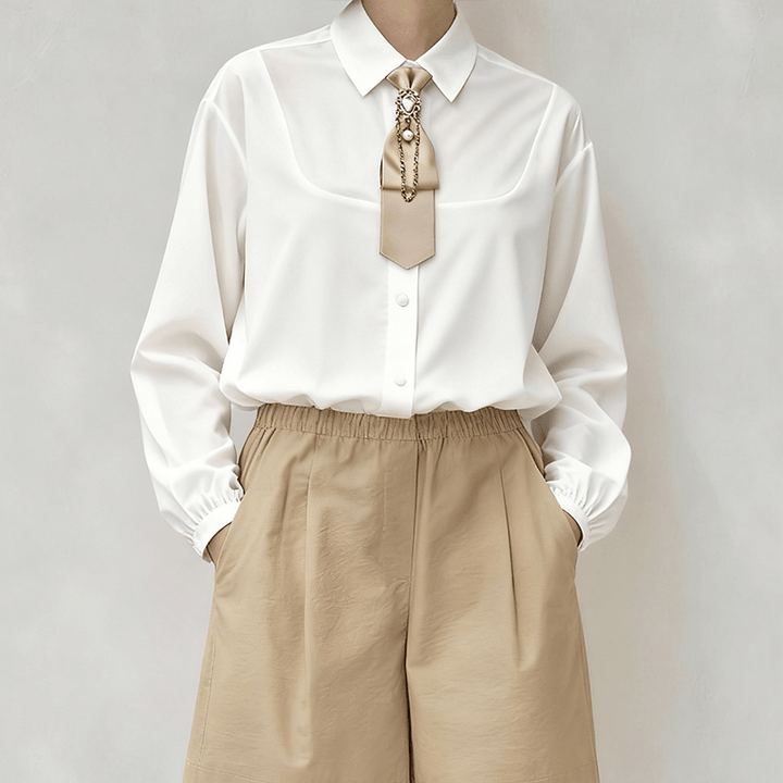 Pre-tied Khaki White Diamond Pearl Fashionable Short Necktie - image 1