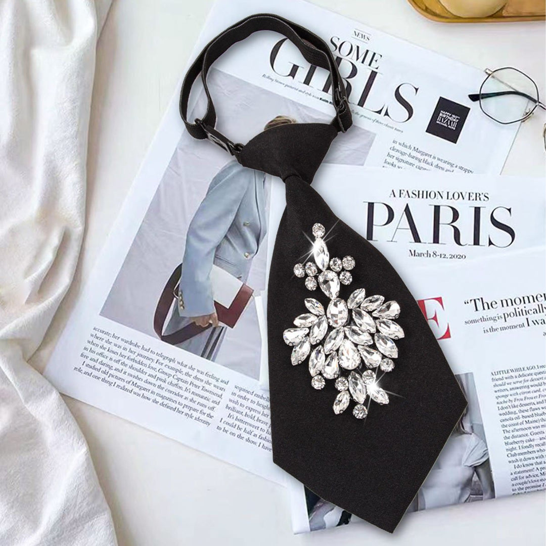 Adjustable Black Pre-tied Rhinestone Women's Short Necktie - image 2