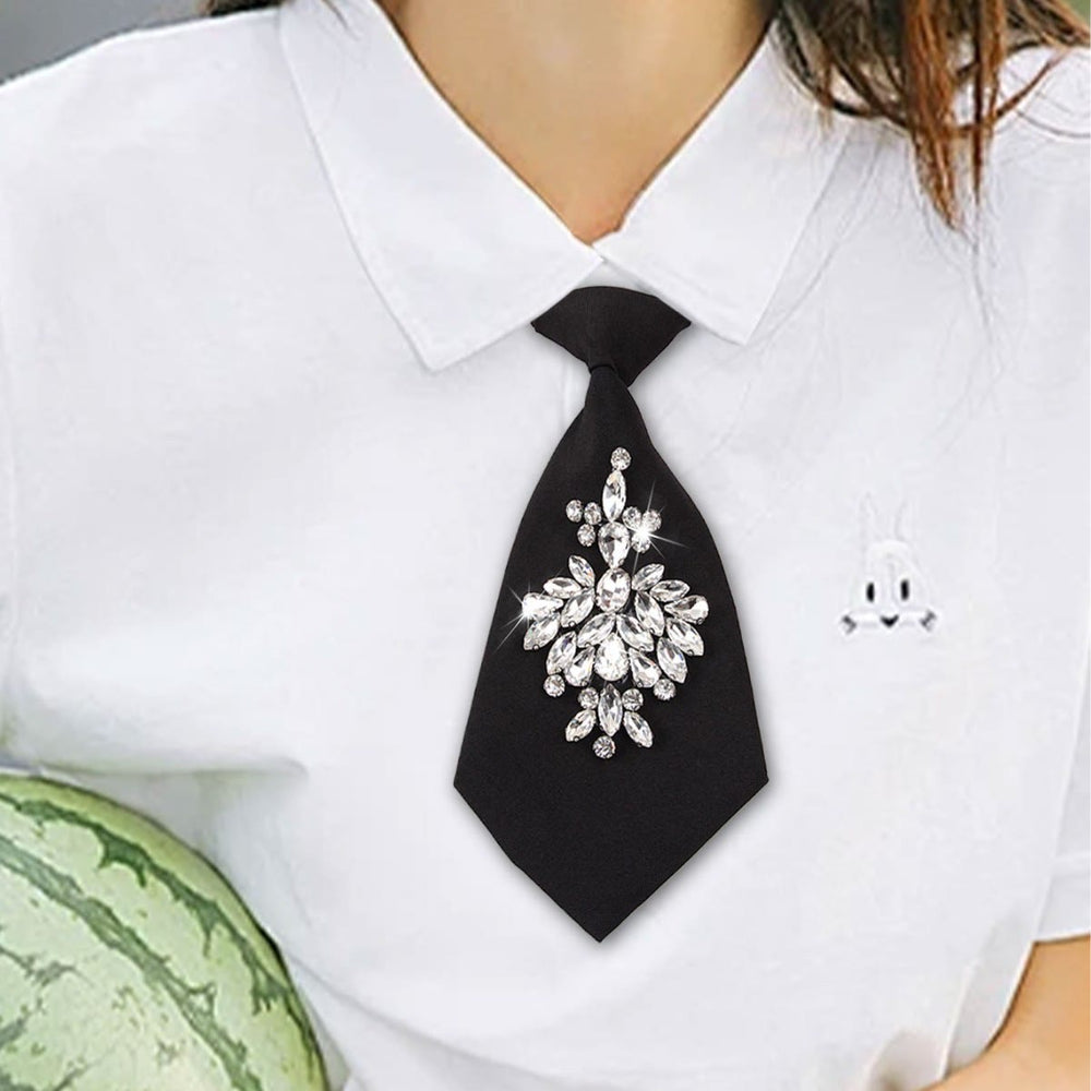 Adjustable Black Pre-tied Rhinestone Women's Short Necktie - image 1