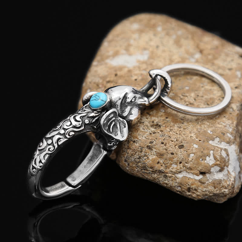 Elephant Head Keychain With Faux Turquoise Stone - Anqtique Silver - image 0