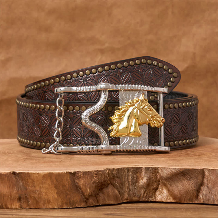 Hollow Out Gold & Silver Horse Head Buckle Leather Belt - Gold Horse - Brown Rivet Belt - 42 - image 4