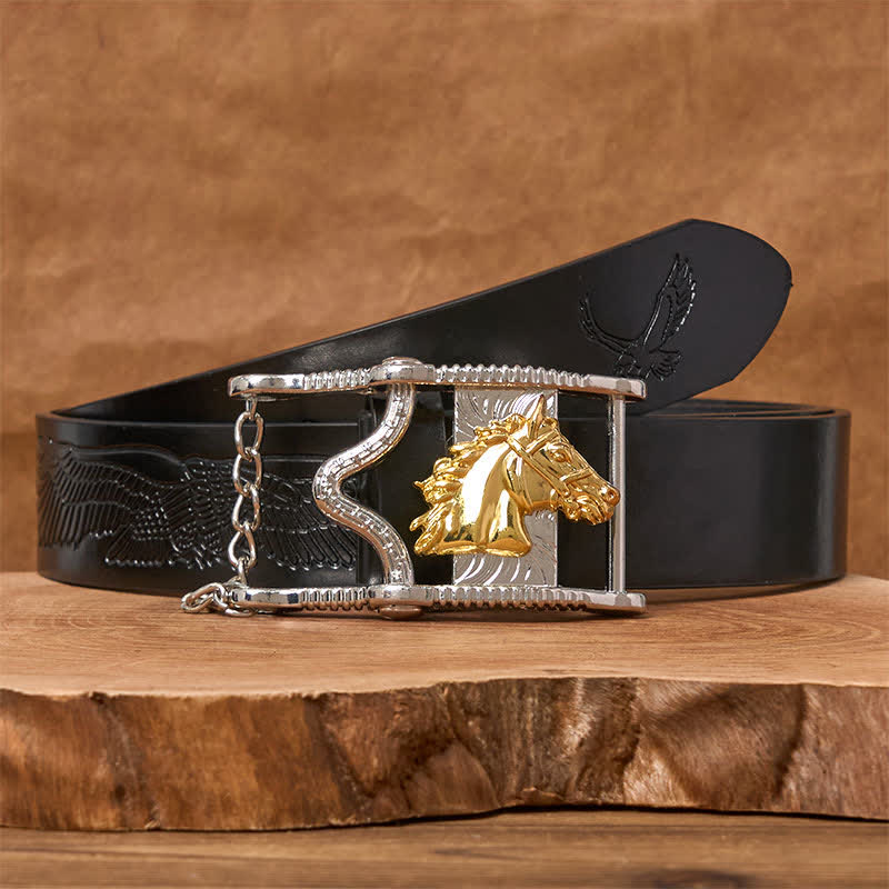 Hollow Out Gold & Silver Horse Head Buckle Leather Belt - Gold Horse - Black Embossed Eagle Belt - 42 - image 2