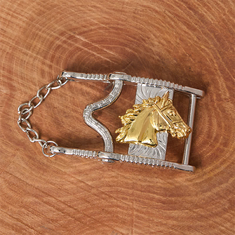 Hollow Out Gold & Silver Horse Head Buckle Leather Belt - image 1