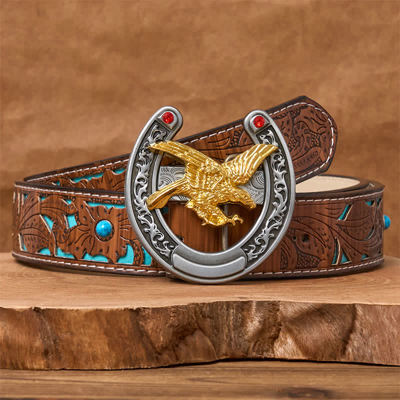 Gold Eagle Western Horseshoe Shape Buckle Leather Belt - Gold Eagle - Turquoise Carved Belt - 42 - image 3