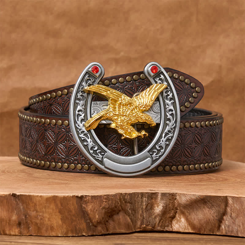 Gold Eagle Western Horseshoe Shape Buckle Leather Belt - Gold Eagle - Brown Rivet Belt - 42 - image 4