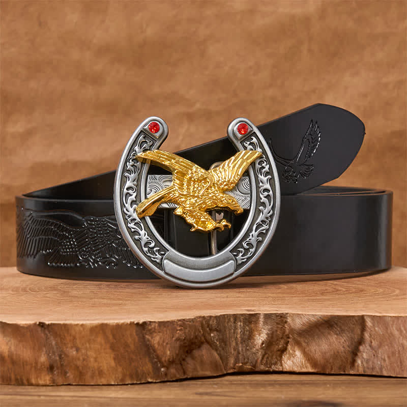 Gold Eagle Western Horseshoe Shape Buckle Leather Belt - Gold Eagle - Black Embossed Eagle Belt - 42 - image 2